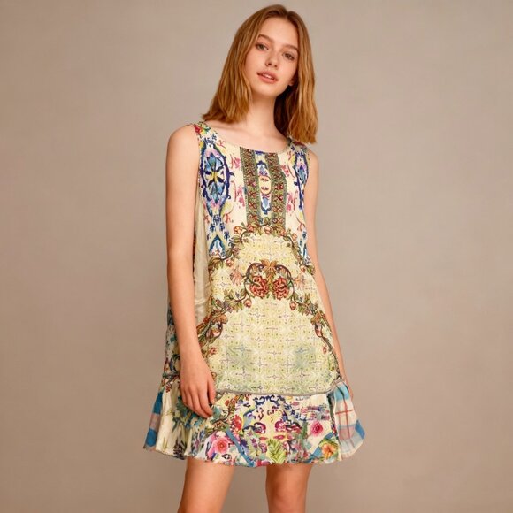 NWOT Johnny Was Floral Sleeveless Ruffles Multicolor Mini Dress Size S